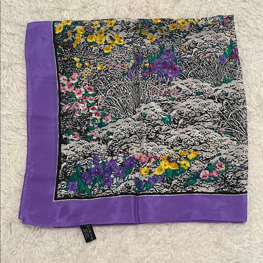 Purple Floral Border Silk Scarf 30” x 30”